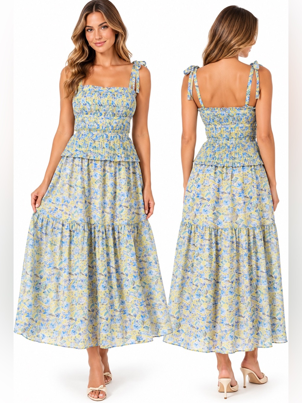 ASTR the Label Ethelind Floral Tiered Sundress Blue Yellow NWT $178